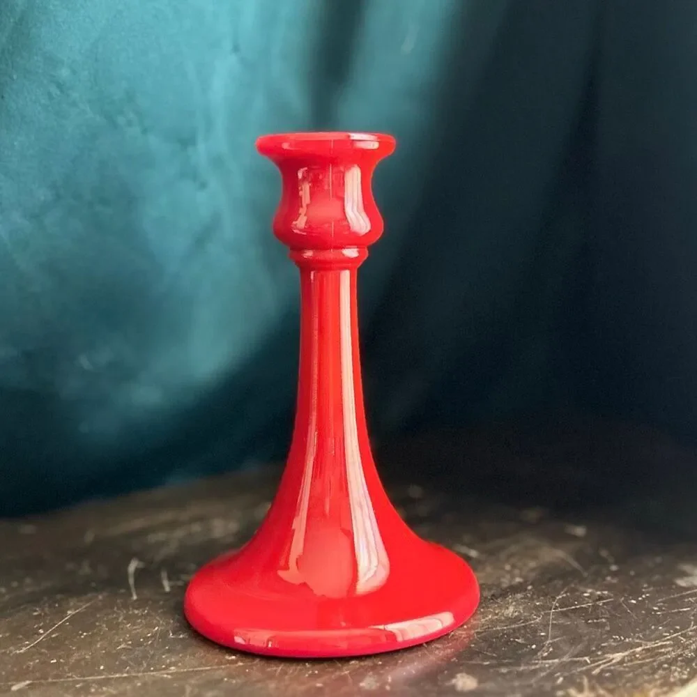 1920’s Northwood Glass Chinese Coral Red Candlestick Rainbow Line Cadmium UV Glo